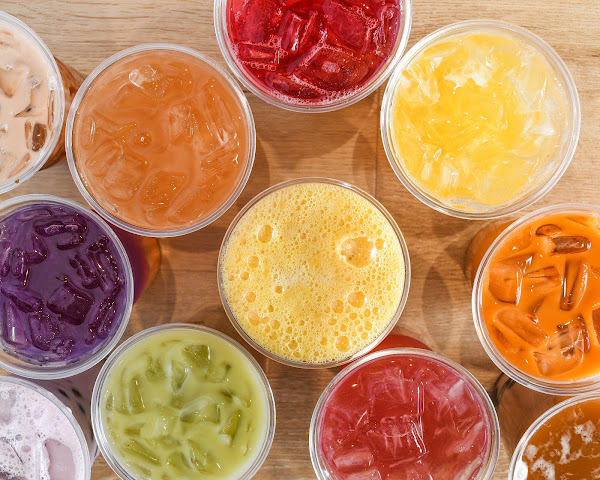 Colorful Honey B Café teas viewed from above